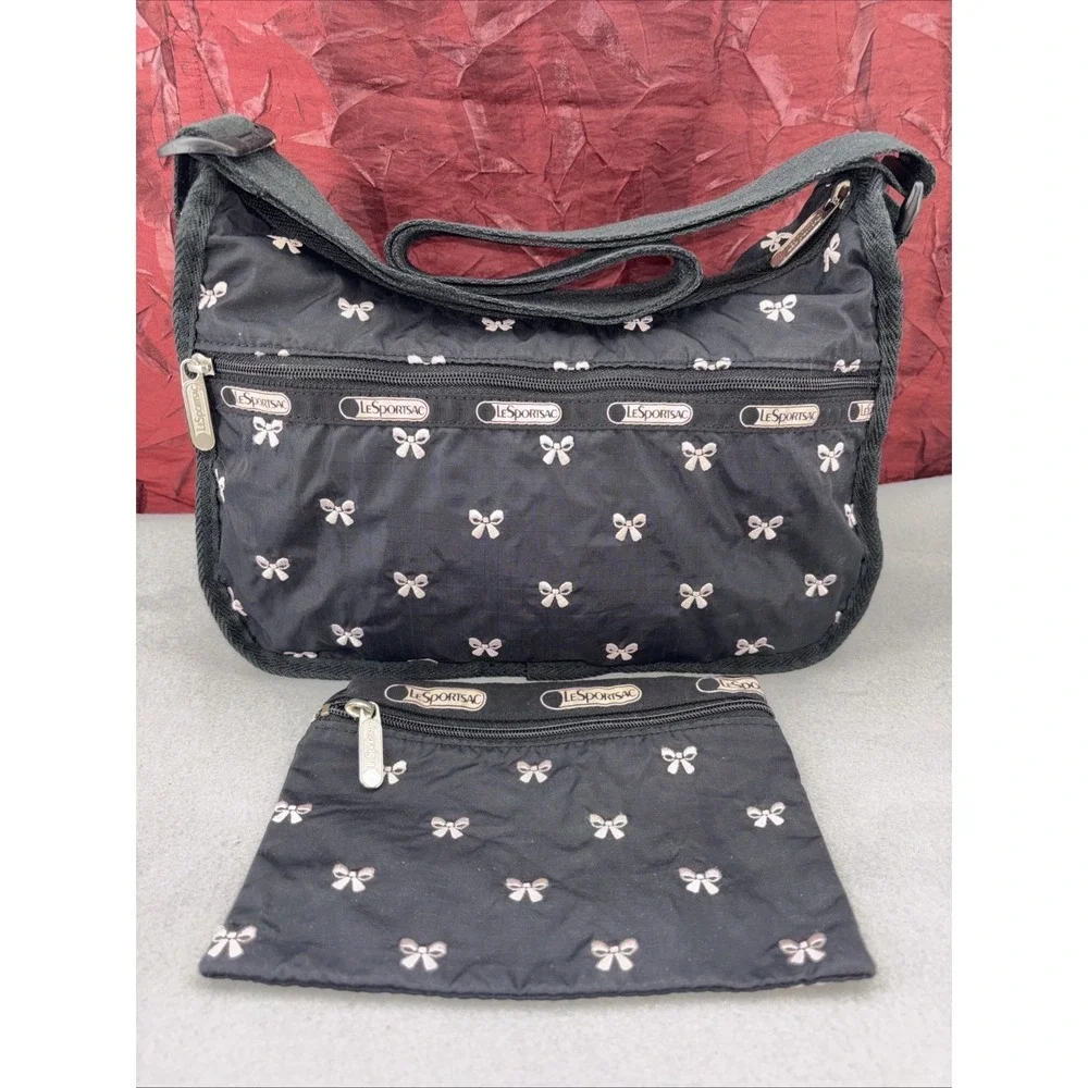 RARE LeSportSac Classic Hobo Embroidered BOWS Adjustable Crossbody W/Pouch GUC